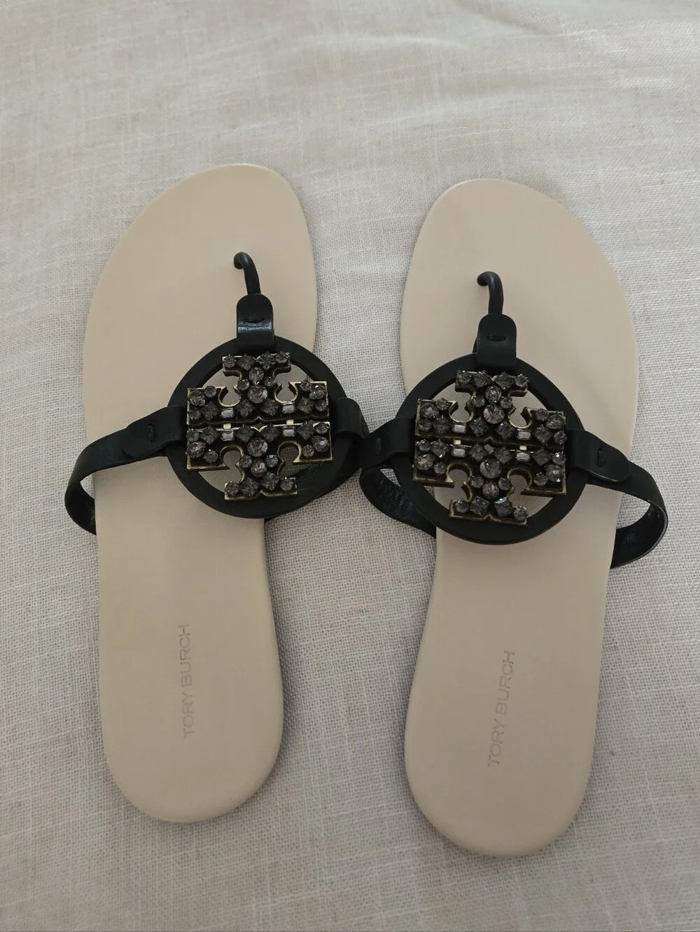 Tory Burch Black Jeweled Logo Soft Miller Sandals
